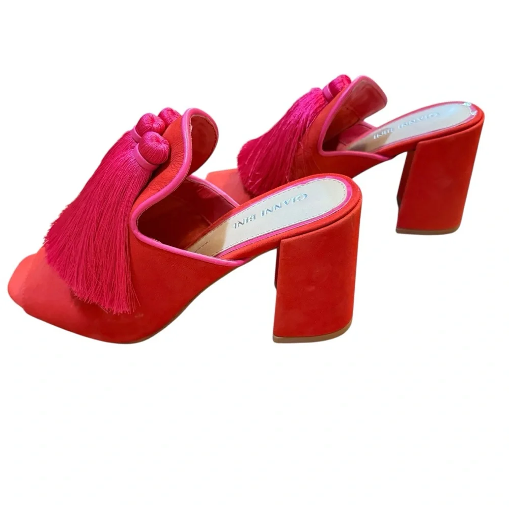 Giani Bernini Red Orange and Pink Tassel Mules - Picture 3 of 8